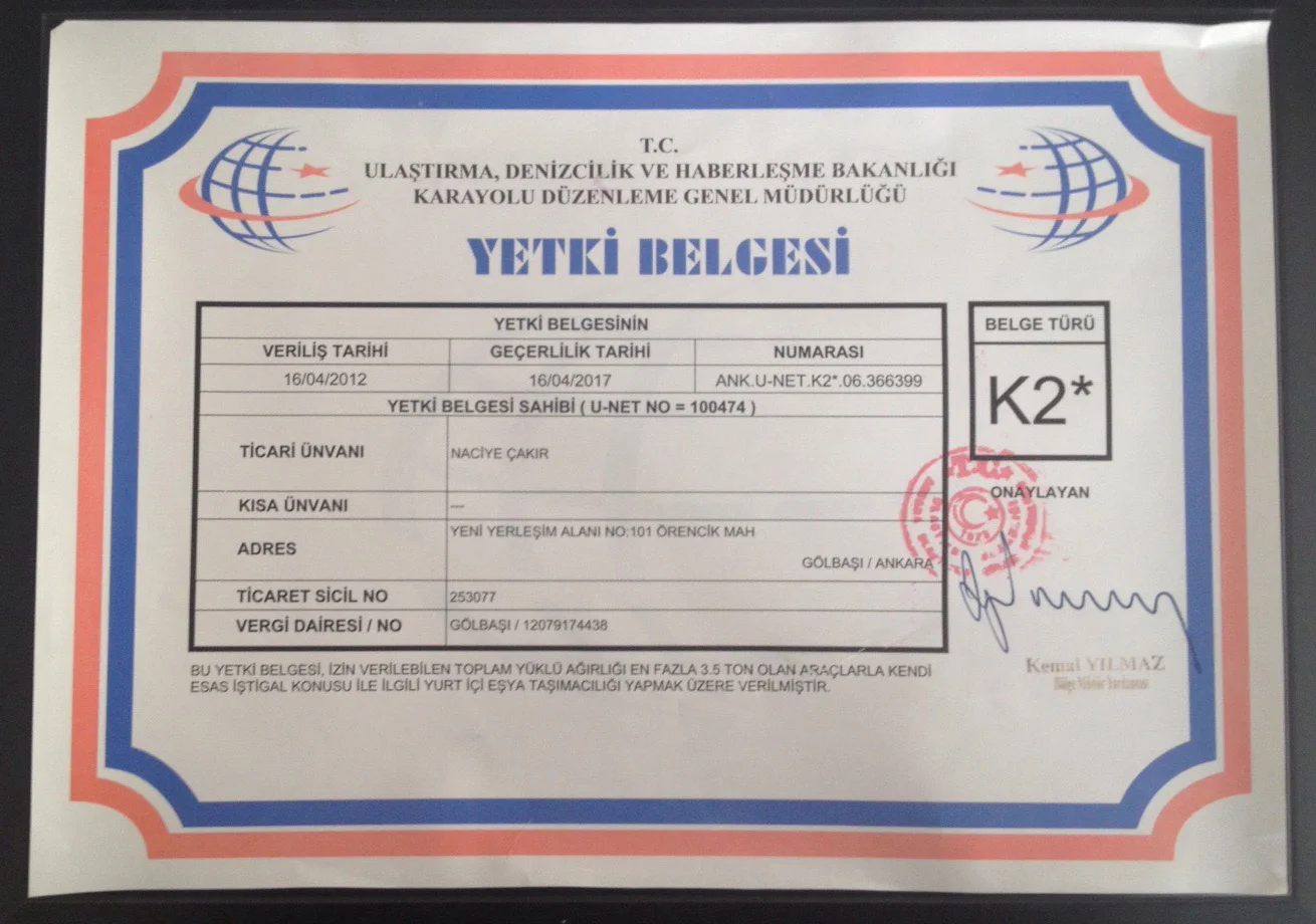 K1 YÜK TAŞIMA BELGESİ