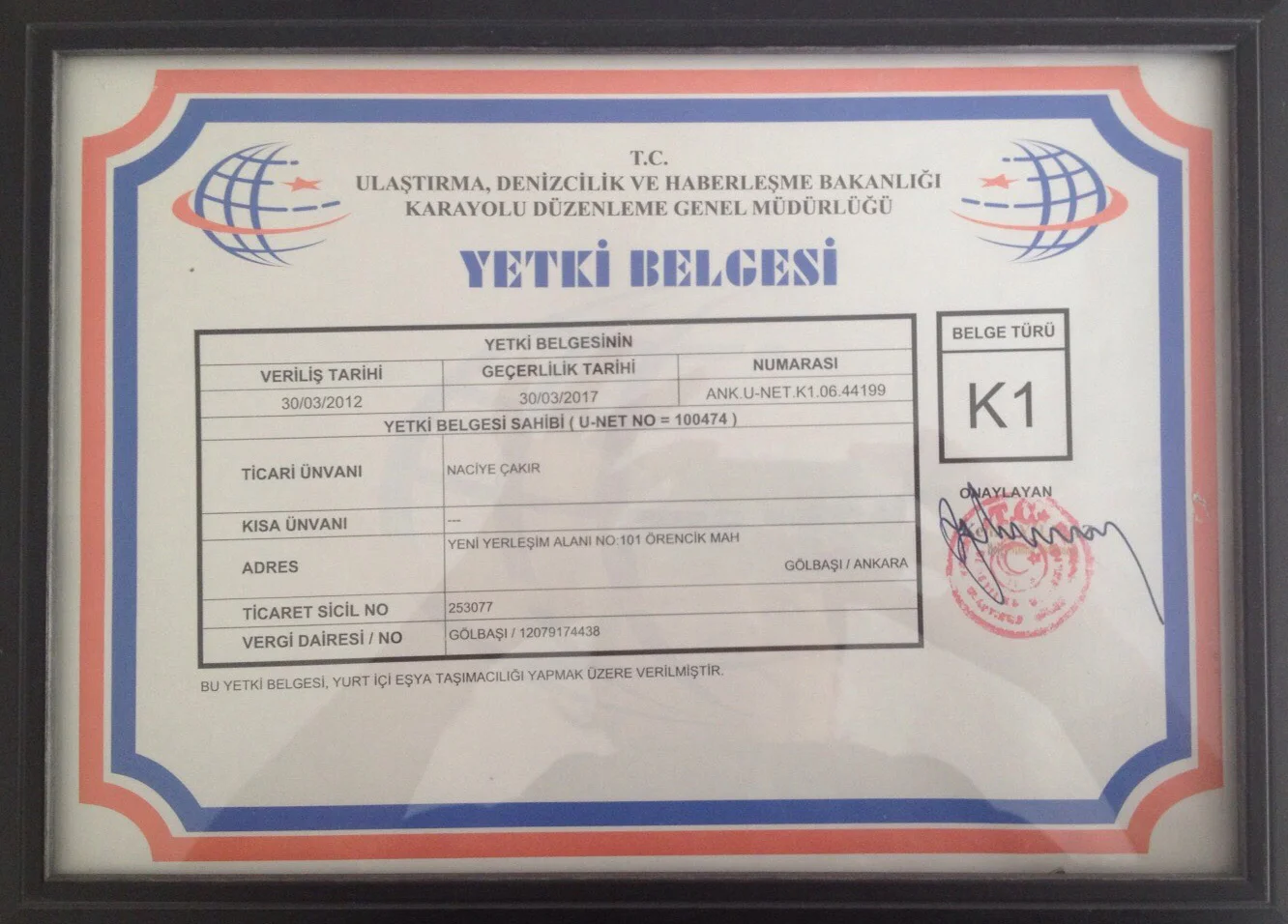 K1 YÜK TAŞIMA BELGESİ